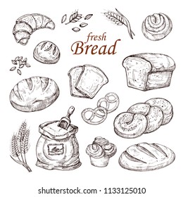 Sketch bread, hand drawn bakery products vector set isolated on white background. Sketch loaf bakery drawing, bun fresh illustration