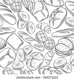 Sketch bread seamless pattern. Hand draw bakery. Vector illustration.