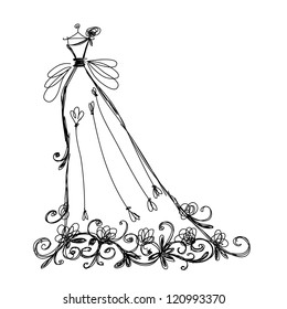 Sketch of bridal dress with floral ornament for your design