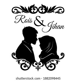 Sketch of a bride and groom on a wedding arch with flowers. Suitable for invitation cards, logos, books, symbols, invitations, greeting cards. 