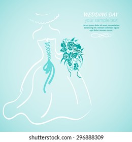 Sketch of the bride in wedding dress with bouquet on blue background