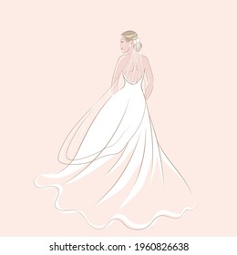 Sketch of bride in wedding dress and veil on pink background