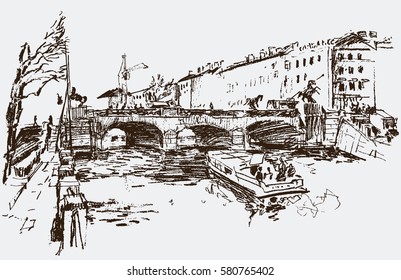 Sketch of a bridge in european city