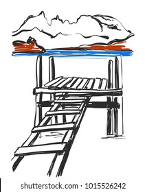 Sketch of bridge. Hand drawn ladder. Landscape