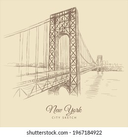 Sketch of a bridge over the river, New York, hand-drawn.	