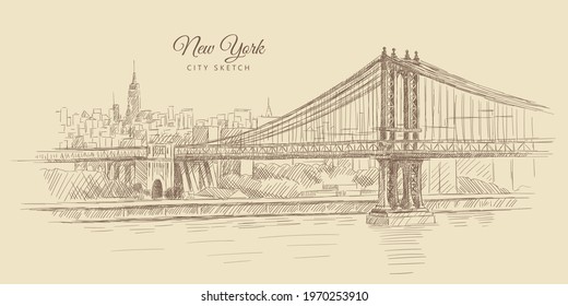 Sketch of a bridge over the river and outlines of a city with skyscrapers, New York, hand-drawn.	