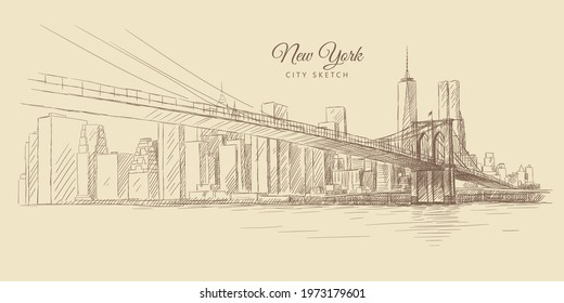 Sketch of a bridge over the river and outlines of a city with skyscrapers, New York, hand-drawn.	
