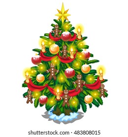 Sketch with brightly decorated Christmas tree. Sample of the poster, invitation and other cards. Vector illustration.