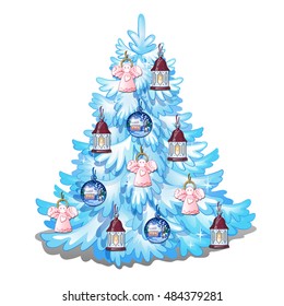 Sketch with brightly decorated Christmas tree. Sample of the poster, invitation and other cards. Vector illustration.