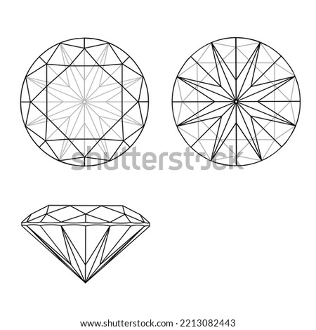 Sketch of a brilliant round diamond cut on a white background. round diamond cut shape from top, side and bottom view, vector illustration design diagram with eps format