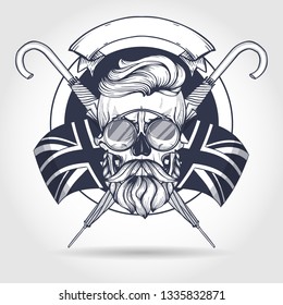 Sketch of british skull with hairstyle, beard and mustaches, rimless eyeglasses, umbrella and british flag