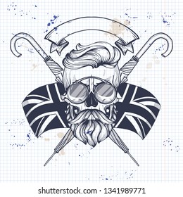 Sketch of british skull with hairstyle, beard and mustaches, rimless eyeglasses, umbrella and british flag on a notebook page