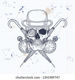 Sketch of british skull with hat bowler and mustaches, rimless eyeglasses, pocket watch and umbrella on a notebook page