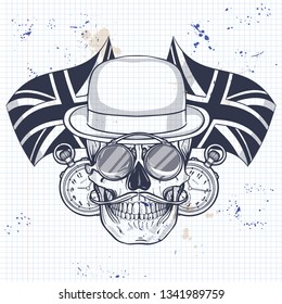 Sketch of british skull with hat bowler and mustaches, rimless eyeglasses, pocket watch and british flag on a notebook page