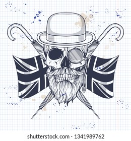 Sketch of british skull with hat bowler and mustaches, rimless eyeglasses, british flag and umbrella on a notebook page