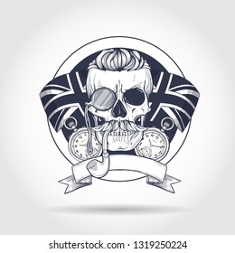 Sketch of british skull with mustaches, rimless eyeglasses, umbrella, pocket watch, british flag and tobacco pipe