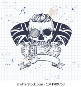 Sketch of british skull with mustaches, rimless eyeglasses, umbrella, pocket watch, british flag and tobacco pipe on a notebook page