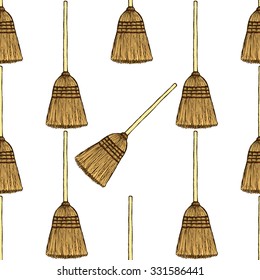 Sketch broom in vintage style, vector seamless pattern