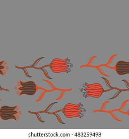Sketch. Brown, gray and orange vector tulips petals. Ditsy flowers.