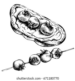 Sketch bruschetta on slice of toasted baguette, Hand drawn bruschetta and cherry tomato grilled.