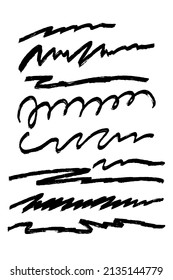 Sketch brush strokes, highlight underline,  lines, emphasis, waves set. Hand drawn check mark underline. Vector freehand marker illustration on white background.