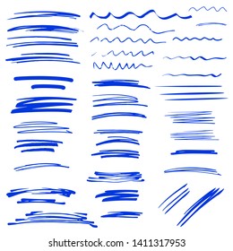 Sketch brush strokes, underline, emphasis, lines, waves set. Design elements isolated on white background 