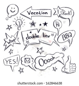 sketch bubble; speech thought; vacation, rock, whap, double box, bbq, tes. Hand-drawn vector templates for design