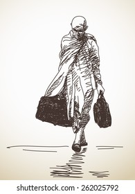 Sketch buddhist monk walking with travel bags, Hand drawn Vector illustration