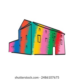 A sketch of a building in rainbow colors