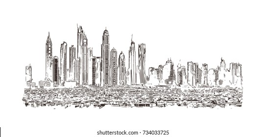 Sketch of Building View Dubai, UAE in vector illustration.