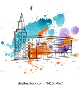 sketch of a building with watercolor background