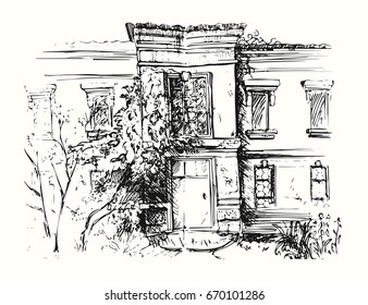 Sketch of building with yard. Drawing illustration of house.