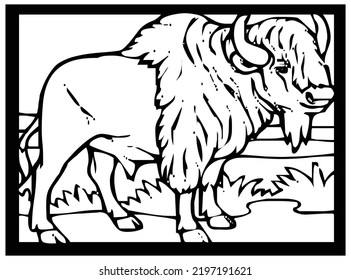 Sketch of a bull on a black and white background in a frame for comics or learning to color for children.