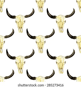 Sketch bull skull in vintage style, vector seamless pattern