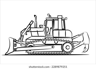 Sketch of bulldozer with fang. Side view of a bulldozer for paving the road, commercial vehicle. Heavy backhoe construction machines equipment. Earth mover, bulldozer with tusk. Crawler bulldozer line