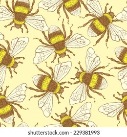 Sketch Bumble Bee In Vintage Style, Vector Seamless Pattern 