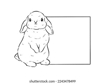 Sketch of bunny holding a blank sheet of paper. Hand drawn outline converted to vector.