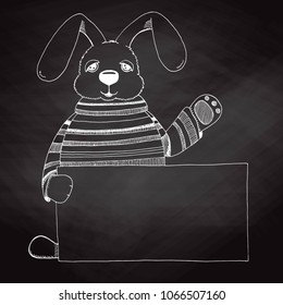 Sketch bunny with a poster on the chalkboard. Vector.