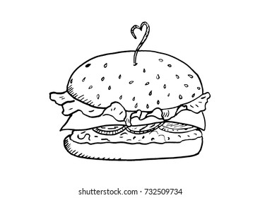 Sketch Burger hand-drawn. Drawing fast food.