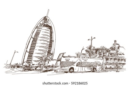 Sketch of Burj al arab with bus DUbai UAE in vector illustration.