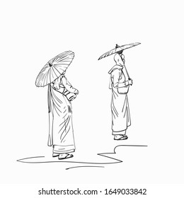 Sketch of Burmese buddhist nuns with sun umbrellas, Hand drawn vector illustration