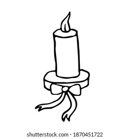 Sketch of a burning candle on a white background. Vector image of a single candle isolated can be used for Christmas decorations, invitations, packages, menus, greeting cards, textiles,