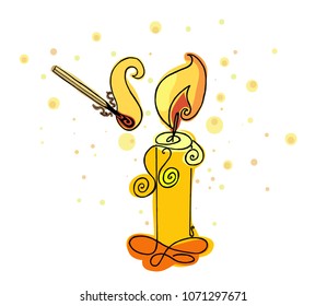 A sketch of a burning match and candle. Vector illustration fire. Flame candlelight.