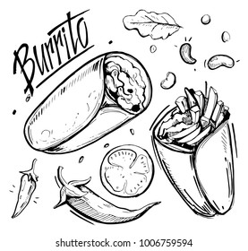 Sketch Of Burrito. Hand Drawn Illustration Converted To Vector