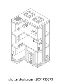 Sketch of business building isometric with offices and interior furniture. Modern 3d urban office. Glass architecture building facade