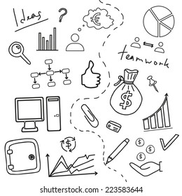Sketch of business doodle elements - a bag of money, computer, safe, graphics and diagram. Hand drawn illustration.
