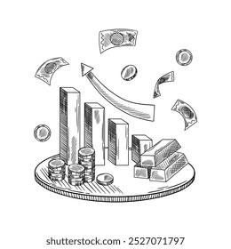 Croquis para negocios, finanzas, administración. El concepto de gráficas, dinero, aumento de ganancias, gráficos, Ilustración vectorial