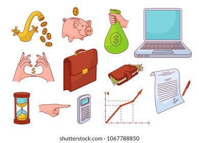 sketch business finance symbols variation. Laptop, wallet graph chart money bag Isolated illustration on a white background