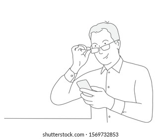 Sketch of business man in glasses with mobile phone. Line drawing vector illustration.