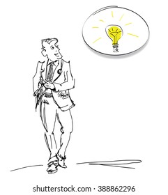 Sketch of the business man, with the light bulb. Idea conception vector sketch.

